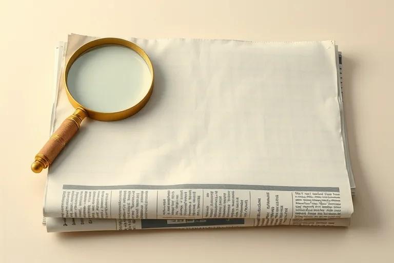 Illustration of a magnifying glass resting on a stack of newspapers